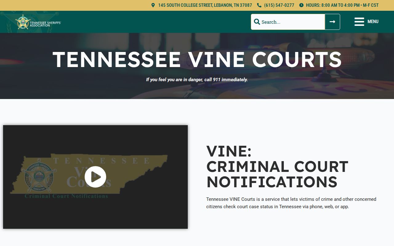 Tennessee VINE Courts custody and court alert registration