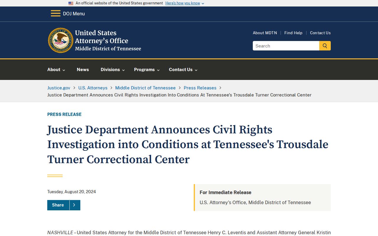 Official source distinguishing Trousdale state prison from county arrest records